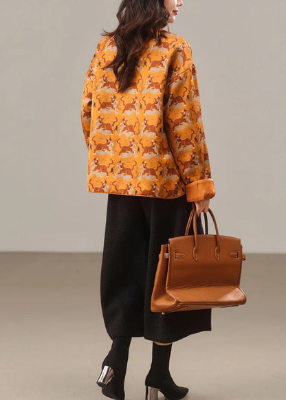 Chinese Style Yellow Print Fine Cotton Filled Silk Jacket Winter