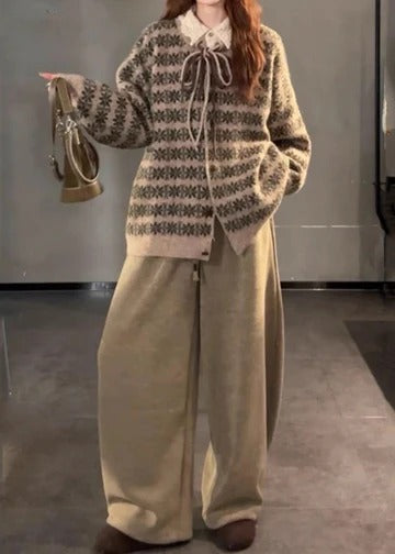 Classy Khaki Oversized Drawstring Cotton Pants Winter