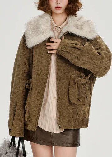 Loose Brown Pockets Fur Collar Patchwork Cotton Filled Jackets Winter