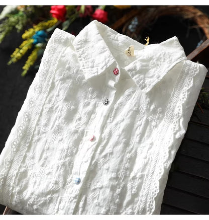 Lace Crochet Embroidery Pure Cotton White Shirt Long Sleeve
