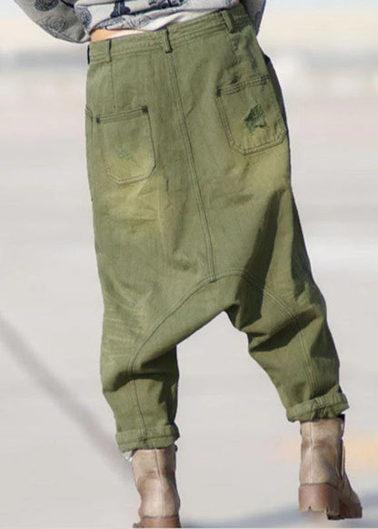 Organic Green Pockets Hole Harem Fall Denim Pants