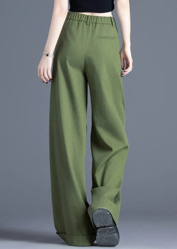 Vintage Tea Green Elastic Waist Cotton Wide Leg Pants Spring