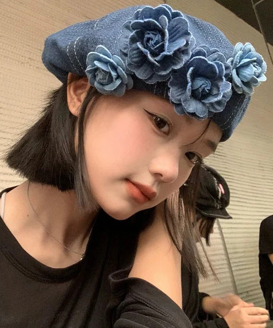 Japanese Style Blue Flower Patchwork Denim Beret Hat