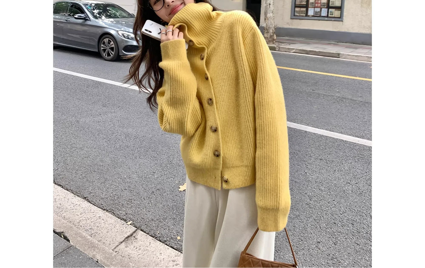 Retro Lapel Turtleneck Cardigan Women Loose Elegant Knit Outerwear Top