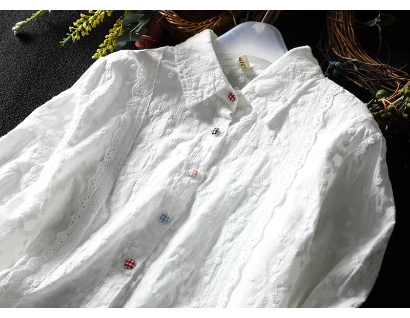 Lace Crochet Embroidery Pure Cotton White Shirt Long Sleeve