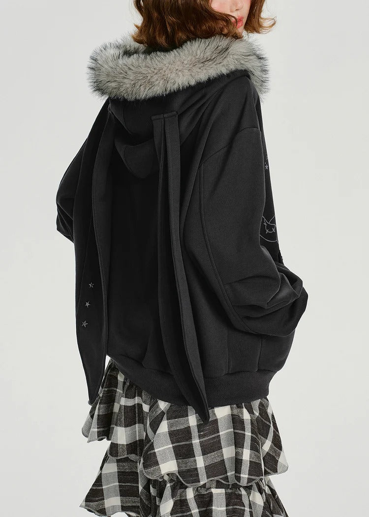Casual Dark Grey Fur Collar Patchwork Cotton Hooded Coat Spring
