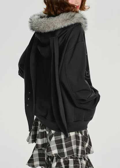 Casual Dark Grey Fur Collar Patchwork Cotton Hooded Coat Spring