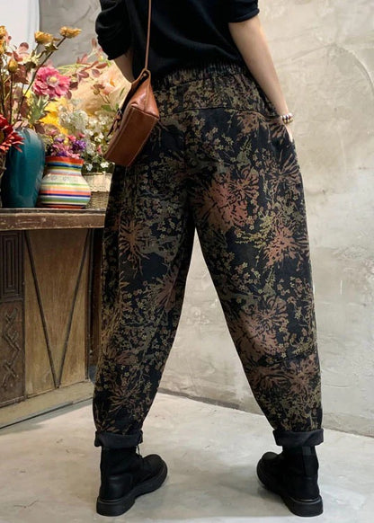 Fitted Black Cinched fashion Print denim Pants Winter