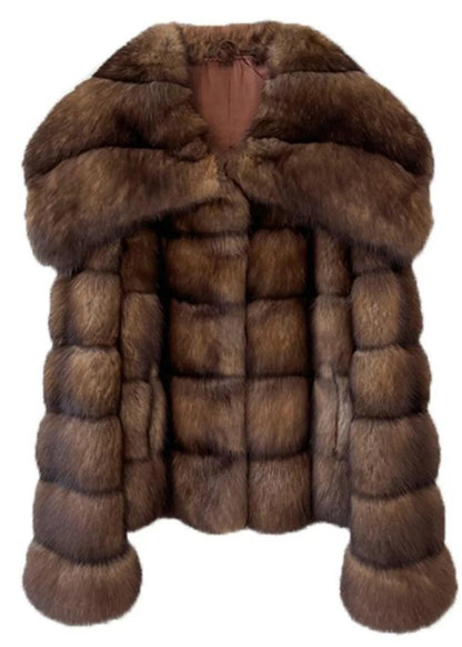 French Brown Peter Pan Collar Striped Mink Hair Coats Winter