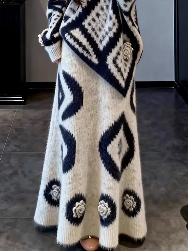 French-style gentle geometric pattern knitwear set