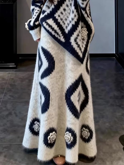 French-style gentle geometric pattern knitwear set