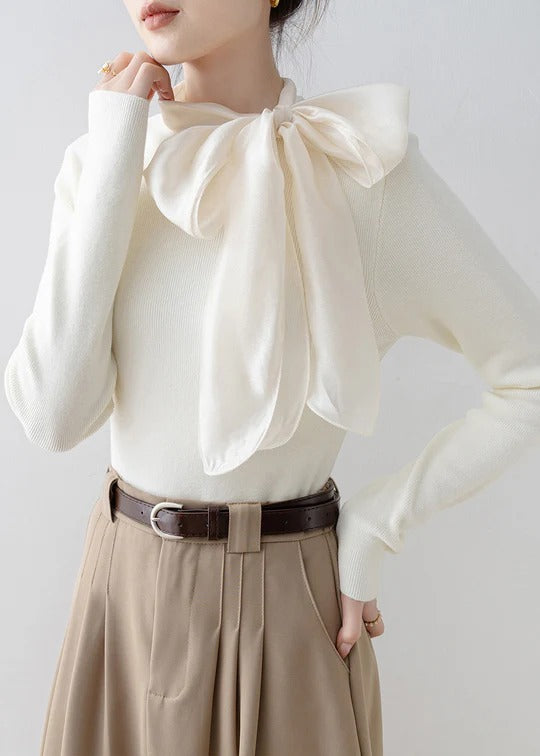 New Apricot Hign Neck Bow Patchwork Knit Sweater Spring