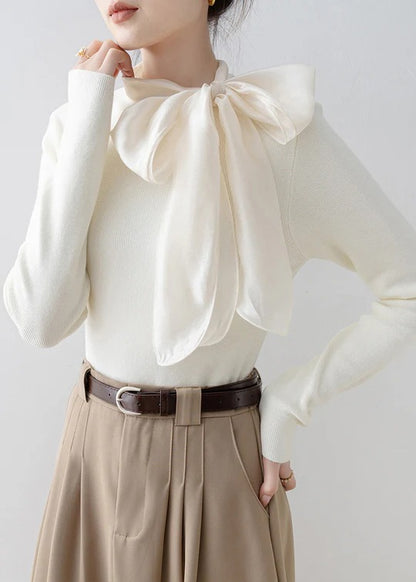 New Apricot Hign Neck Bow Patchwork Knit Sweater Spring