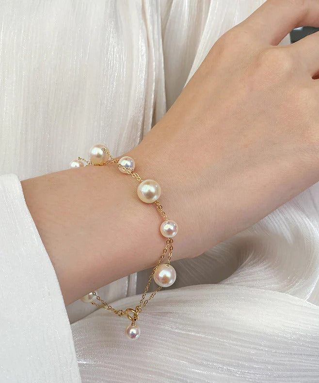 New White Pearl Double Layer 14K Gold Wrapped Bracelet