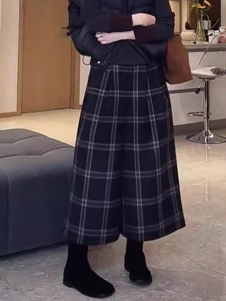 High Waist Black Plaid Wool Loose Wide Leg Cropped Trousers