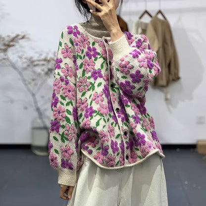 Luxury Slouchy Fair Isle Jacquard Round Neck Plus Size Cardigan Coat