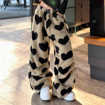 Love Heart Fleece Lined Thick Warm Pants, Relaxed Fit Loose Trousers
