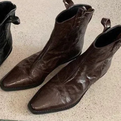 Women's Full Cowhide Square-Toe Ruched Western Martin Boots