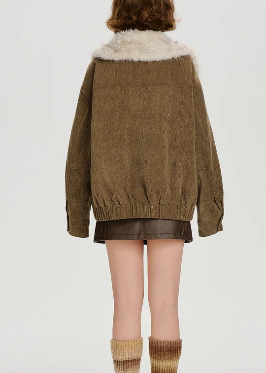 Loose Brown Pockets Fur Collar Patchwork Cotton Filled Jackets Winter