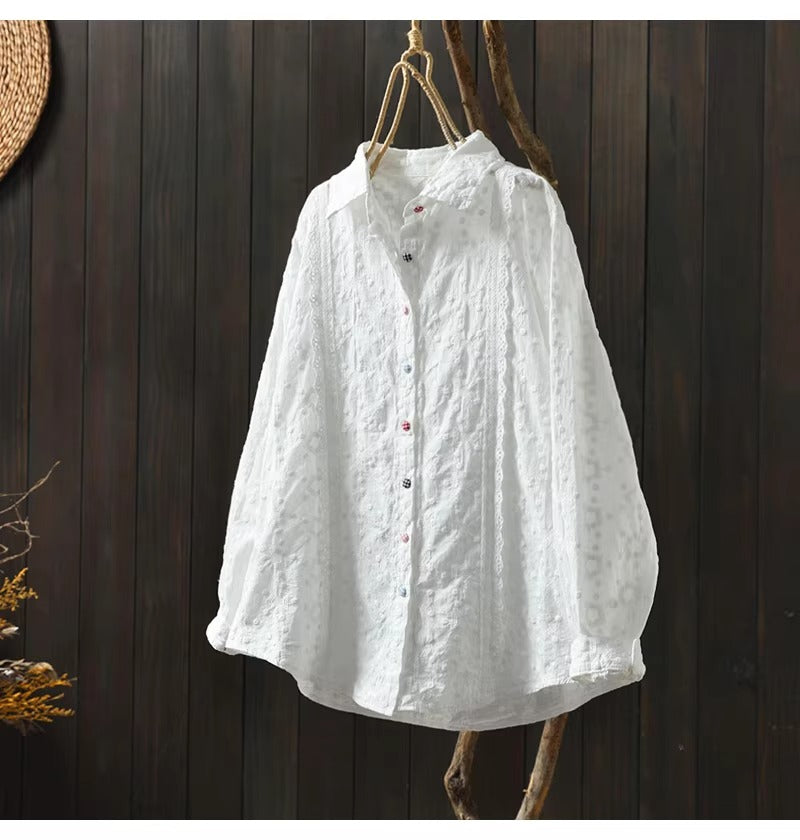Lace Crochet Embroidery Pure Cotton White Shirt Long Sleeve