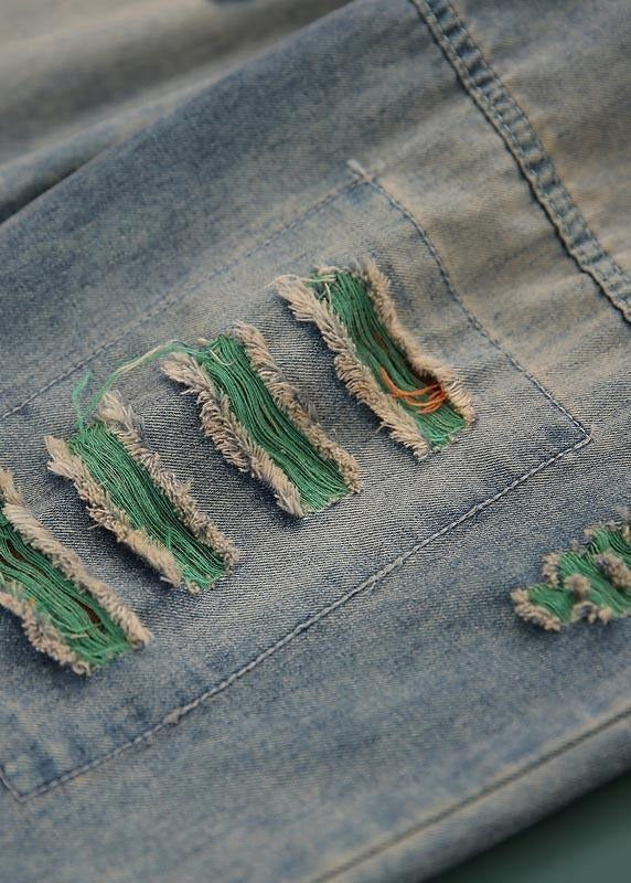 Plus Size Blue Elastic Waist Hole Denim Pants Summer