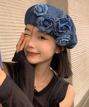 Japanese Style Blue Flower Patchwork Denim Beret Hat
