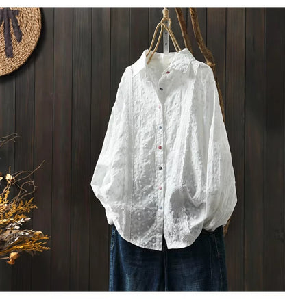 Lace Crochet Embroidery Pure Cotton White Shirt Long Sleeve