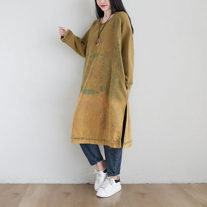 Plus Size Ethnic Art Gradient Midi Dress Crew Neck Loose Sweatshirt