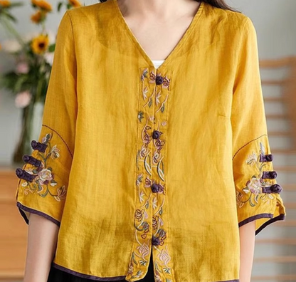 Ethnic Style Linen Embroidery V-Neck Cardigan