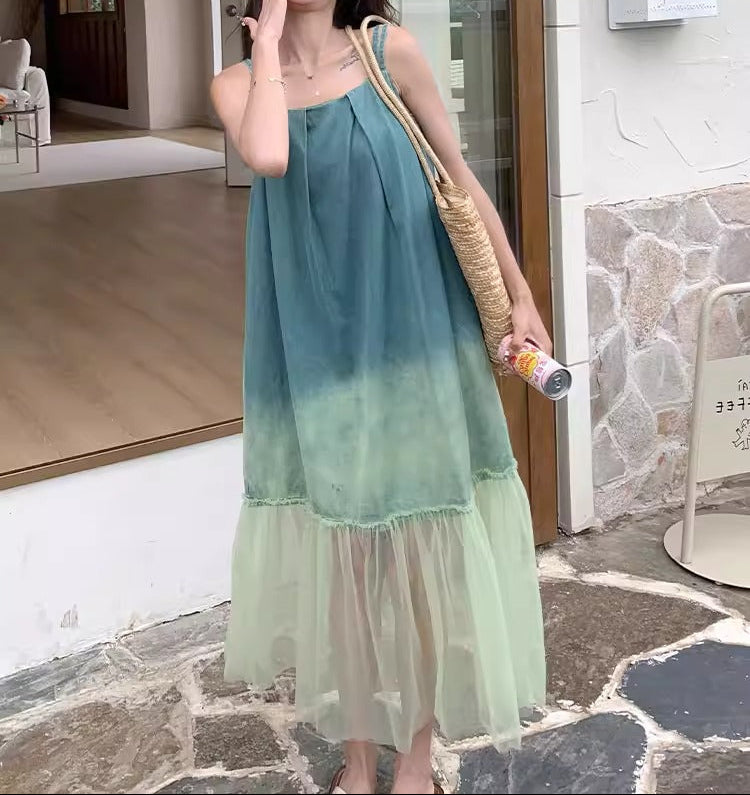 Mesh Patchwork Gradient Denim Cami Dress Women’s Sleeveless Casual
