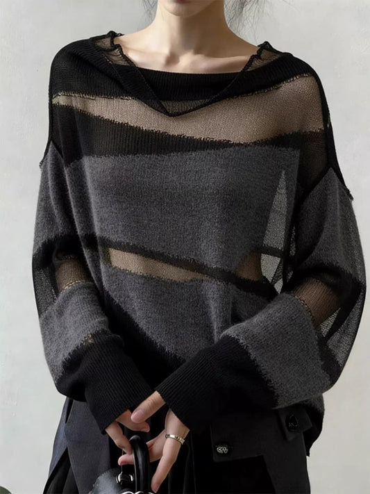 New Arrival Women's Mesh Sheer Hollow Out Patchwork Knit Sweater