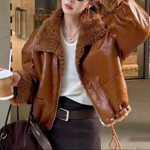 Warm Faux Shearling Lapel Leather Outerwear