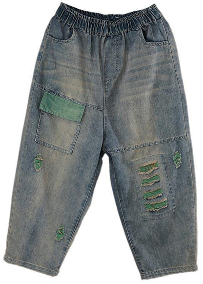 Plus Size Blue Elastic Waist Hole Denim Pants Summer