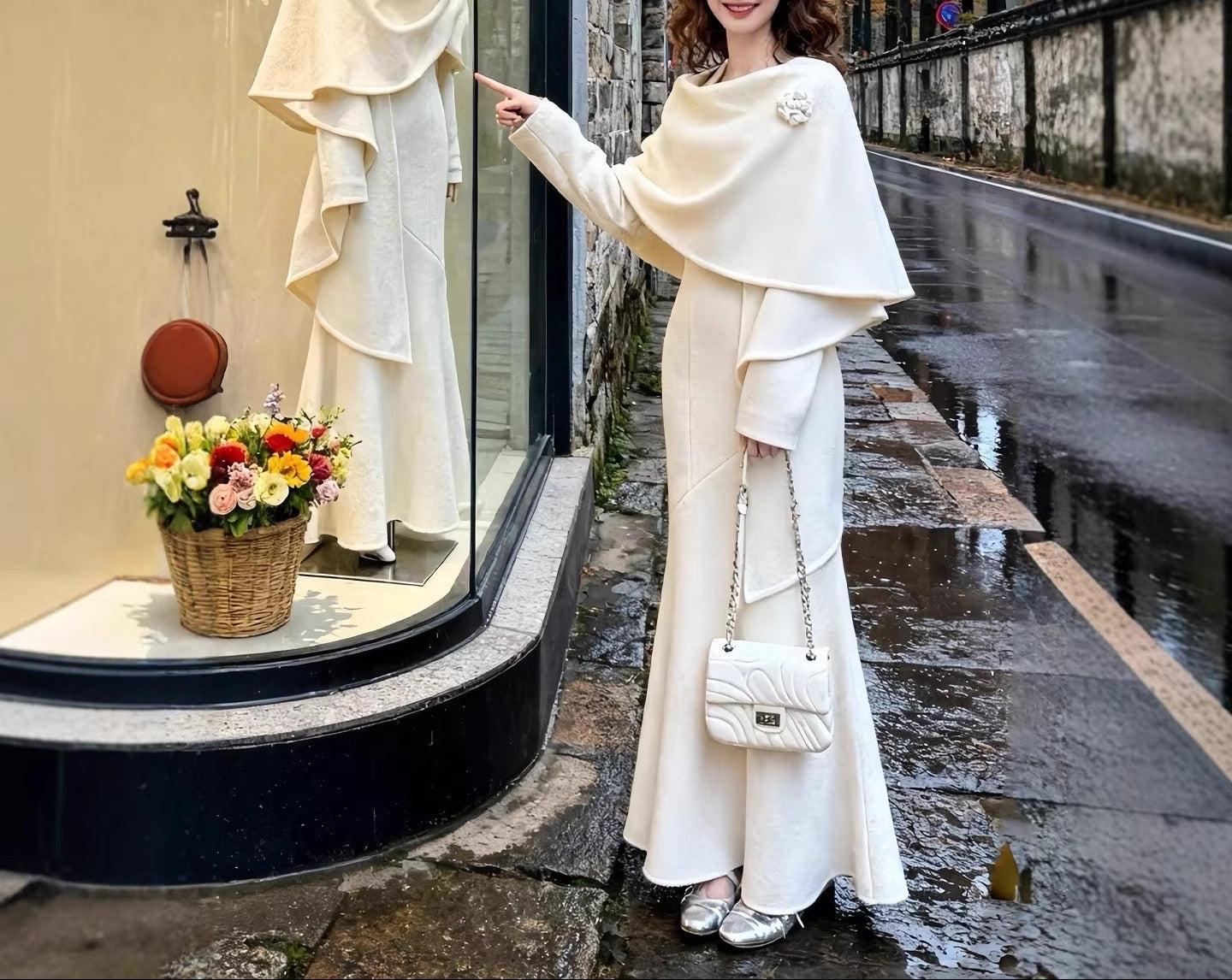 Shawl coat, elegant dress, autumn and winter set