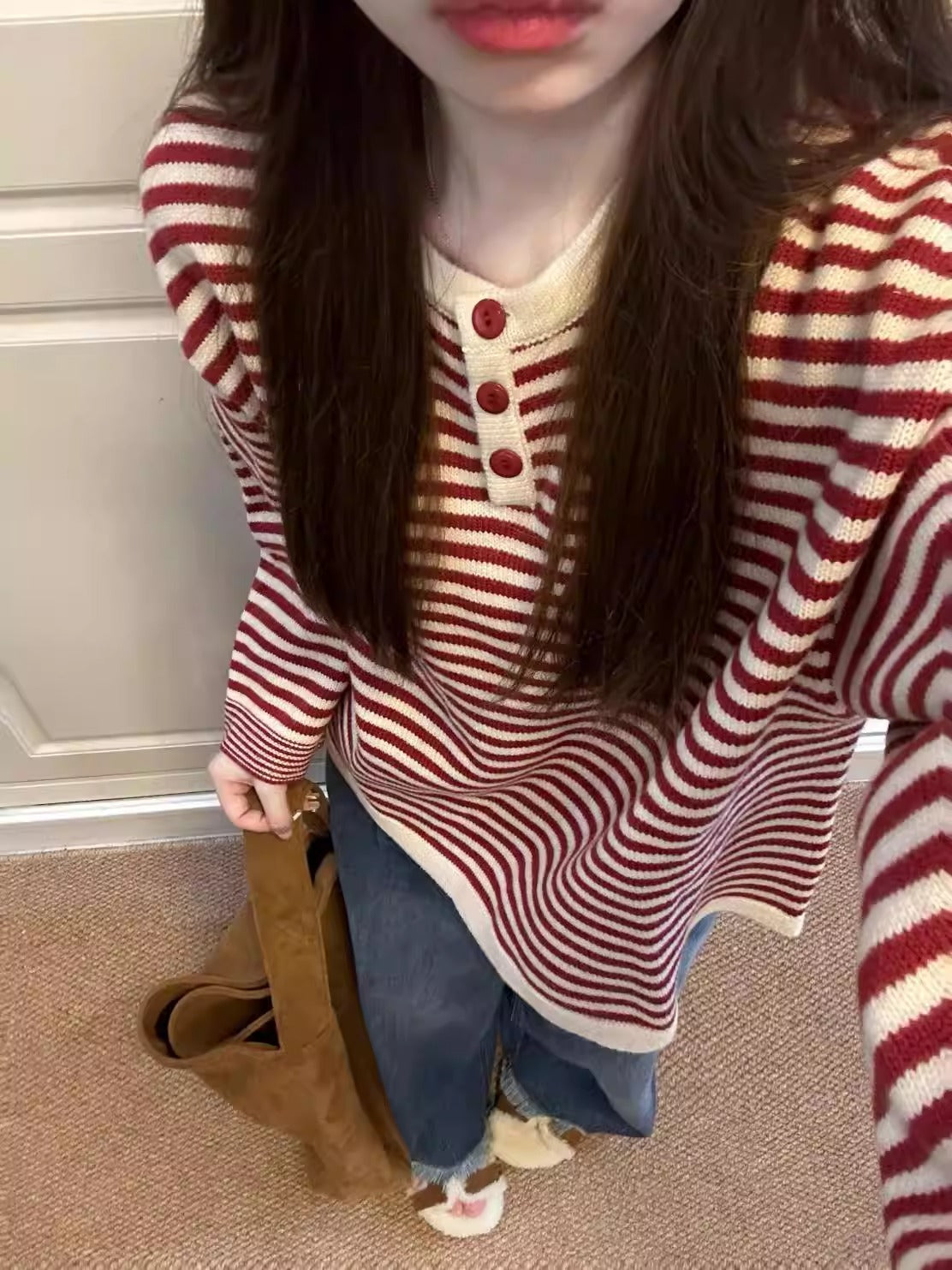 Red Striped Color Block Knit Top