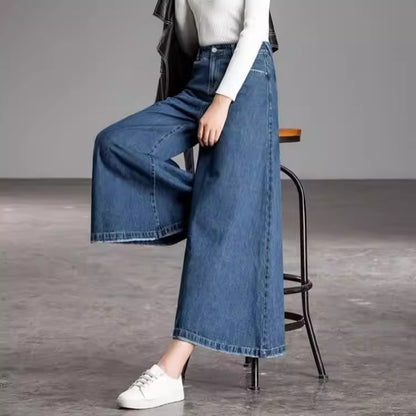 Blue High Waist Wide Leg Denim Pants with Pockets – Fall Collection