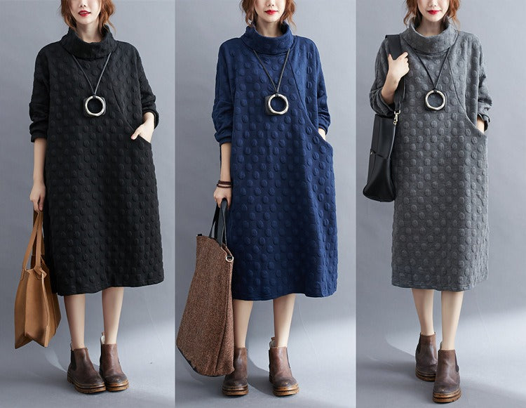 Plus Size Polka Dot Turtleneck Maxi Dress Artistic Style
