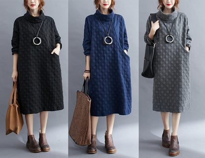 Plus Size Polka Dot Turtleneck Maxi Dress Artistic Style