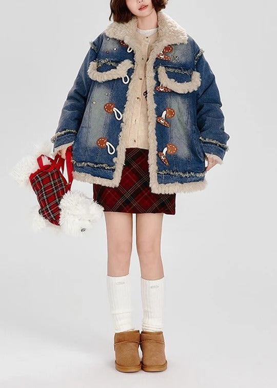 Fashion Blue Fuzzy Fur Patchwork Fine Cotton Filled Denim Coat Winter