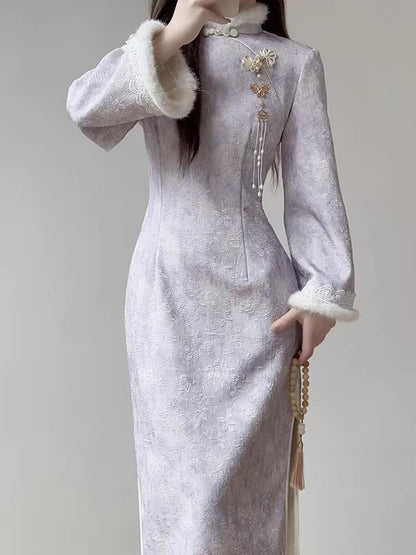 New Chinese style purple fleece-lined cheongsam