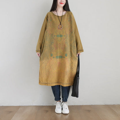 Plus Size Ethnic Art Gradient Midi Dress Crew Neck Loose Sweatshirt