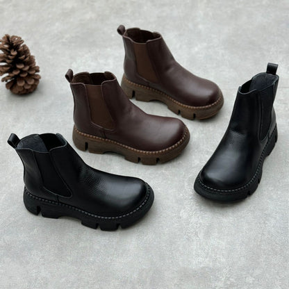 Genuine Leather Chelsea Boots | Women's Round Toe Platform Slip-On