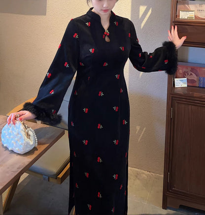 Plus Size Black Embroidered New Chinese Style Elegant Dress