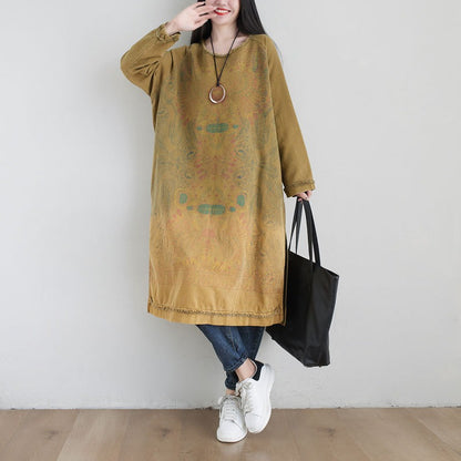 Plus Size Ethnic Art Gradient Midi Dress Crew Neck Loose Sweatshirt