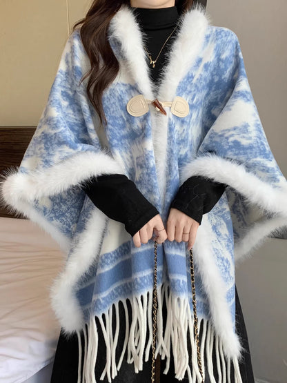 Dyed Ink Wash Print Faux Fur Patchwork Shawl Coat Women