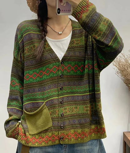 Retro Printed Knit Cardigan Loose V-Neck Long Sleeve Open Front Top