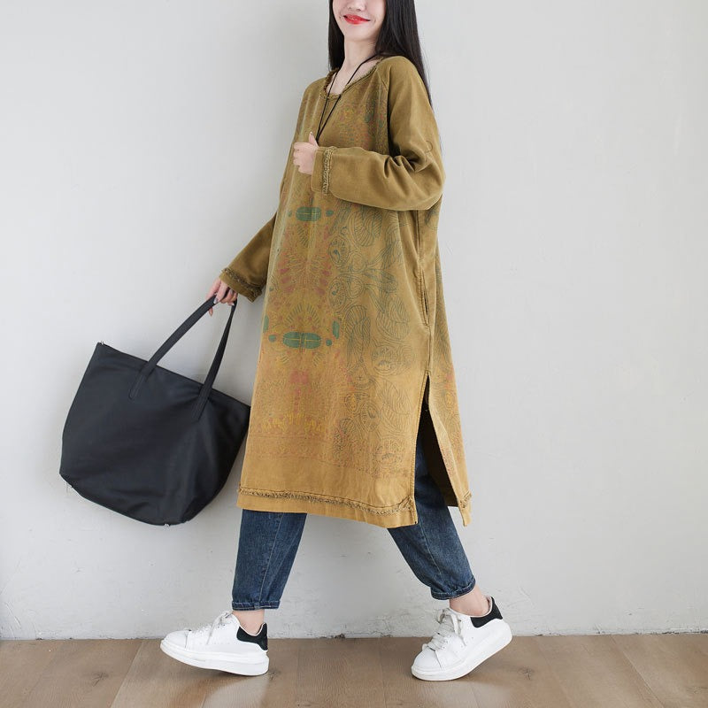 Plus Size Ethnic Art Gradient Midi Dress Crew Neck Loose Sweatshirt