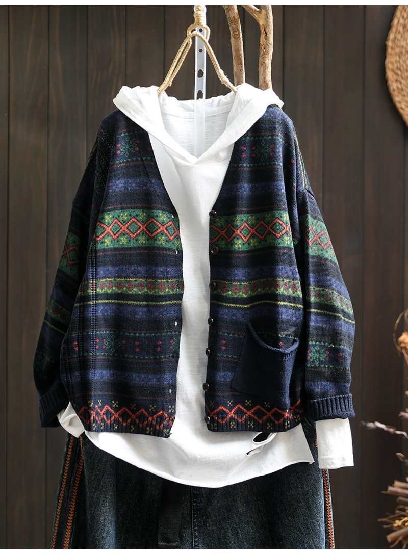 Retro Printed Knit Cardigan Loose V-Neck Long Sleeve Open Front Top