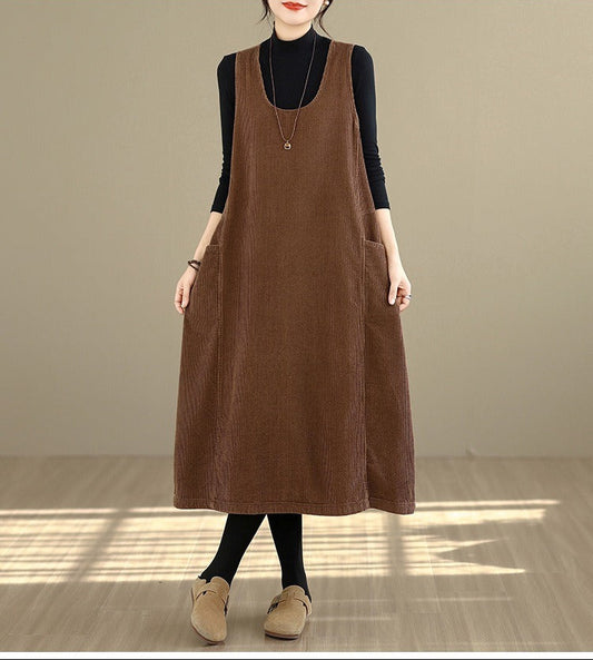 Women's Plus Size Corduroy Maxi Dress Loose Winter 2026 Korean Style