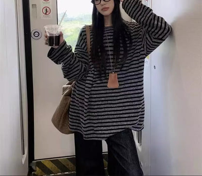 Black and Gray Striped Long Sleeve T-Shirt